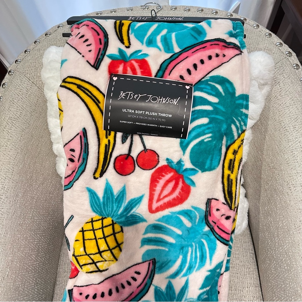 Betsey Johnson Bright Summer Fruits Cream Plush Throw Blanket